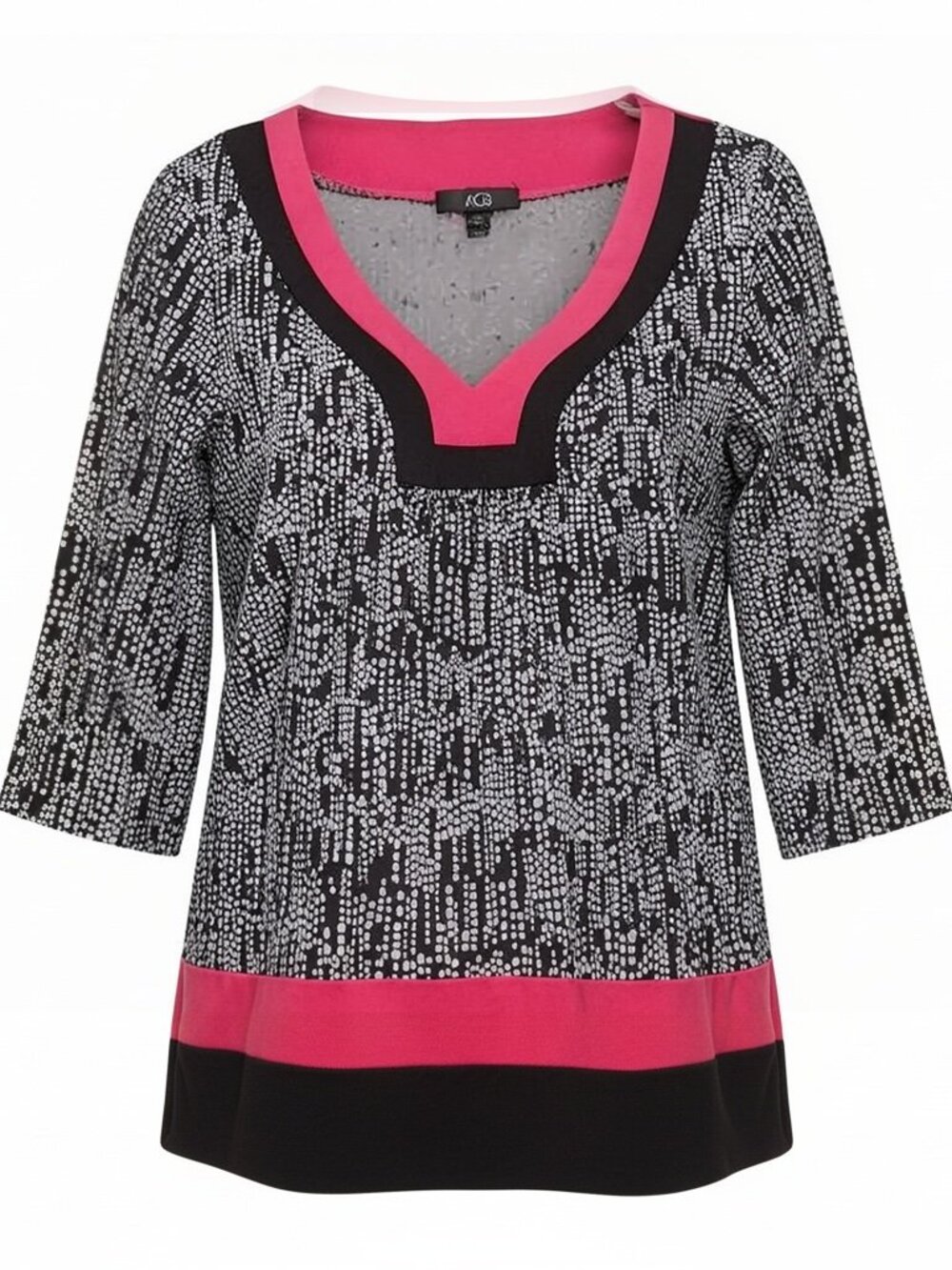 AGB Large Blouse Black and White Geometric Pattern Bright Pink V-Neck Trim, NWOT
